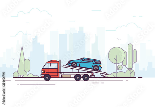 City tow truck on city road. Urban background, skyscrapers and buildings, park and trees. Emergency assistance on the road concept with city background. Modern line vector illustration. Evacuator.