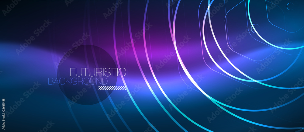 Neon glowing lines, magic energy space blue light concept, abstract background wallpaper design