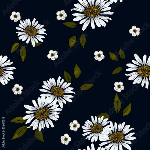 Blooming realistic isolated flowers. Hand drawn. Vector illustration. Retro Wild seamless flower pattern. Vintage background. Wallpaper. © Yuliia