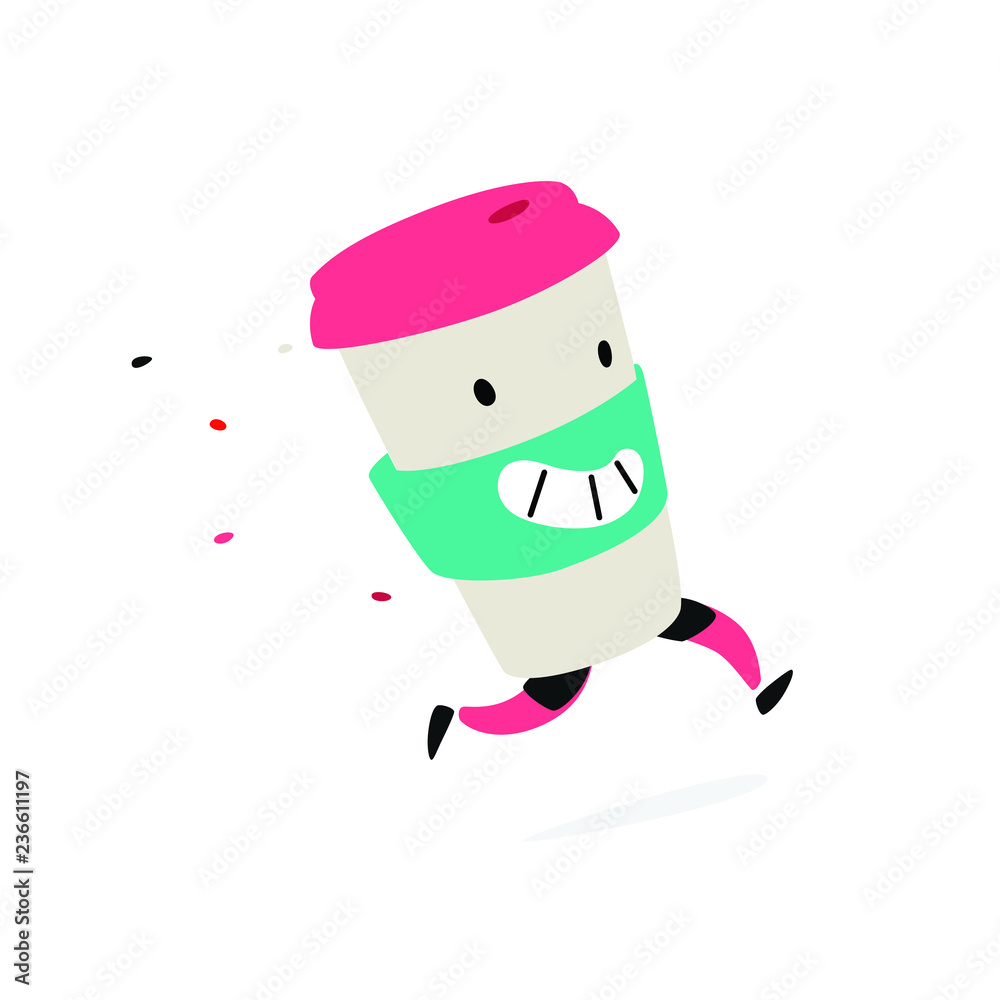 Character running glass. Vector. Logo for coffee shops and fast food. Funny  illustration of a plastic cup. Cartoon badge, emblem for the company.  Sticker and mascot for the store site. Stock Vector |