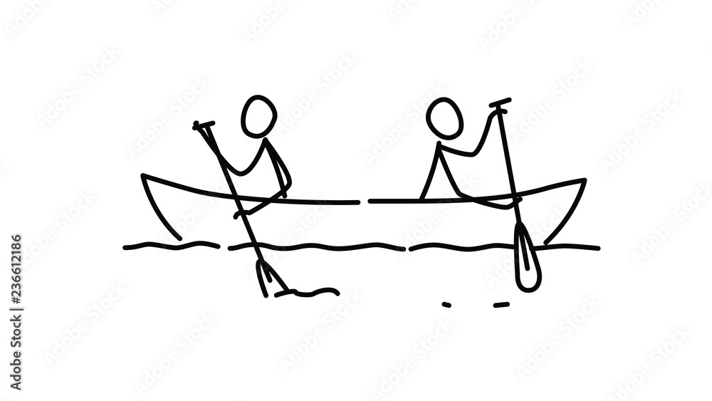 Illustration of two men in a boat. Vector. Each team in their own way. Conflict of interest. Metaphor. Contour picture. Leader race. Ambitions bosses.