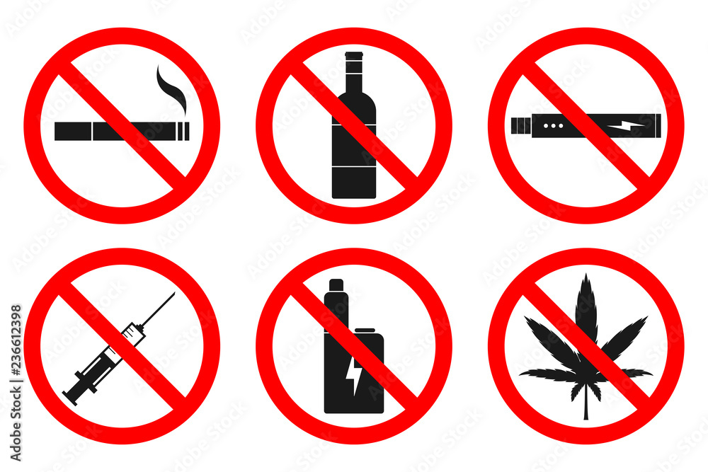 NO SMOKING, NO VAPING, NO HEMP, NO DRUGS, NO ALCOHOL sign. Vector. vector  de Stock | Adobe Stock