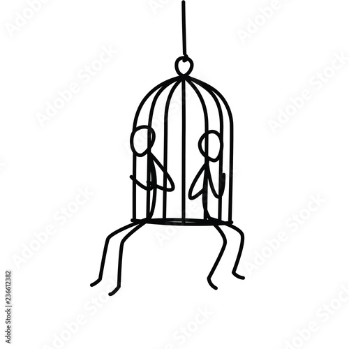 Illustration of two people sitting in a cage. Vector. The prisoners are men in a cage. The slave trade and the illegal labor of migrants. Metaphor. Contour picture. Deprivation of liberty.