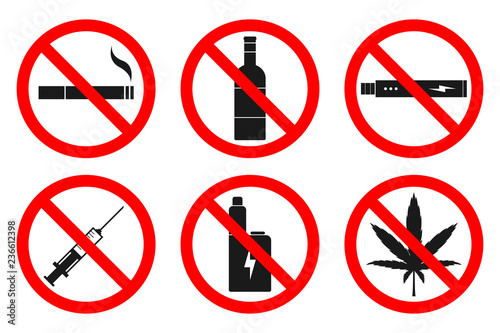 NO SMOKING, NO VAPING, NO HEMP, NO DRUGS, NO ALCOHOL sign. Vector.