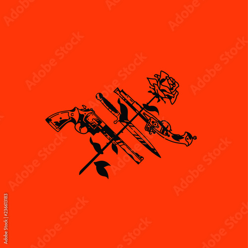 Tattoo illustration, pistol, knife and rose. Vector. Cold and firearms. Hipster tattoo. The style of the old American school. Outline drawing. Retro, vintage. Elements for decoration.