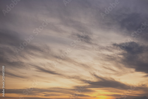 Blue and golden sky with beautiful soft white clouds and sunlight at sunset time. Summer charming heaven background. Horizontal color image. © Andrii Oleksiienko