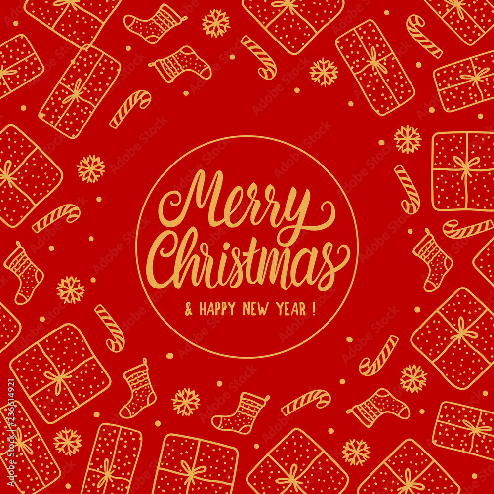Merry Christmas Greeting card with gold Lettering inscription. Hand drawn Gift box and santa sock, candy cane on red background.