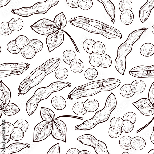 Soy. Plant. Stem, flower, leaf, fruit, pod. Monophonic. Background, wallpaper, seamless, texture. 