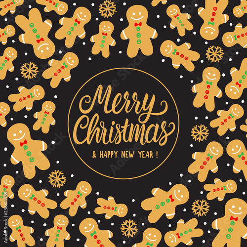 Gingerbread cookie man pattern. Greeting card Merry Christmas. Vector illustration on black background. lettering inscription.