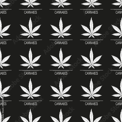 Cannabis. Sheet. Wallpaper, texture, seamless. White silhouette on black background. Text.