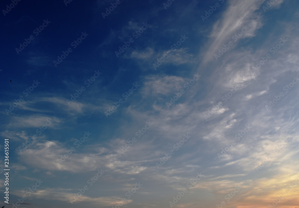 Altocumulus cloud on beautiful blue sky at sunset, Horizon began to turn gold color at night , Fluffy clouds formations at tropical zone