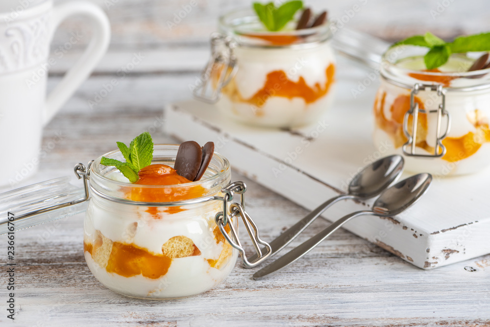 Trifle with apricot jam and cream