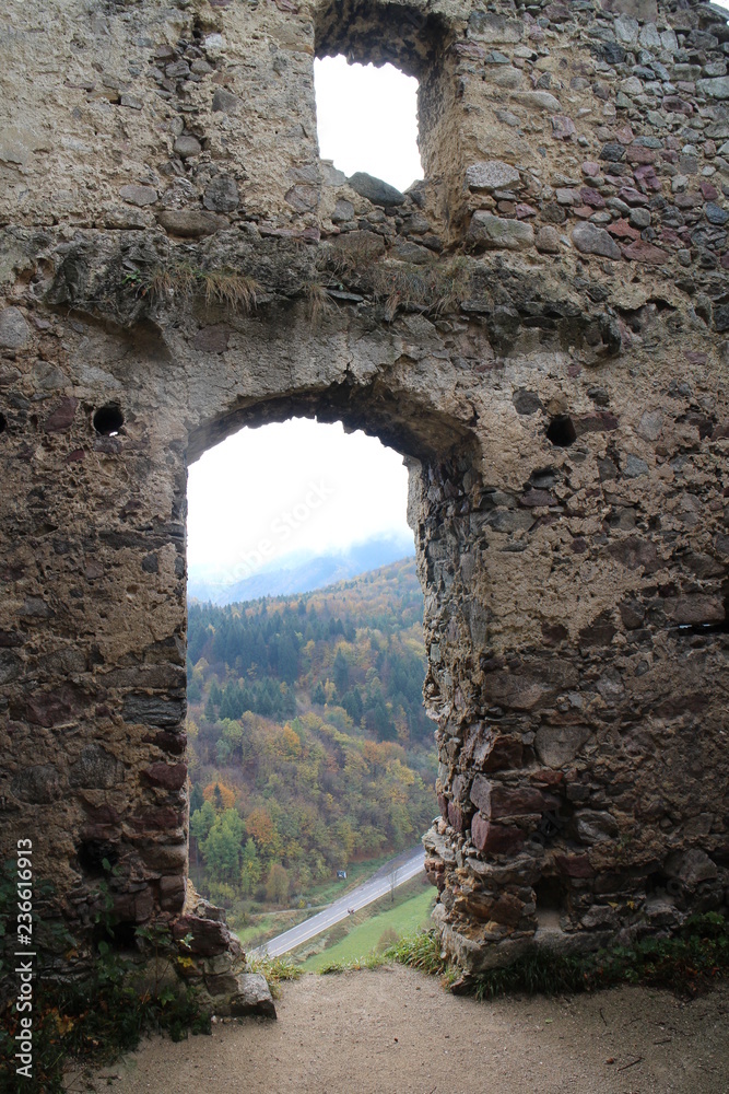Gate and window in ruins of Starhrad castle in Žilina region, Slovakia