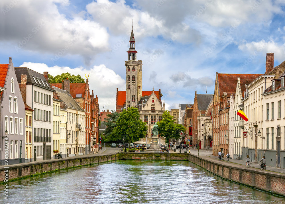 Van Eyck square and canals of old Bruges, Belgium