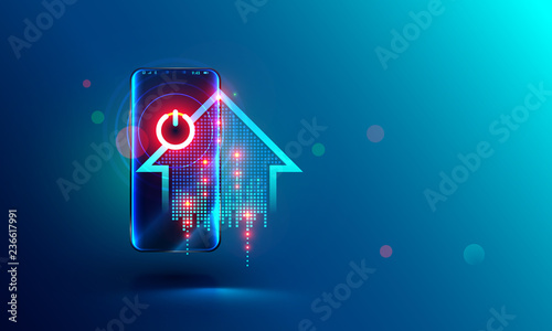 Smart home abstract concept. intelligence system power button on screen mobile phone. Smartphone controls power of households devices. Abstract illustration about home automation.