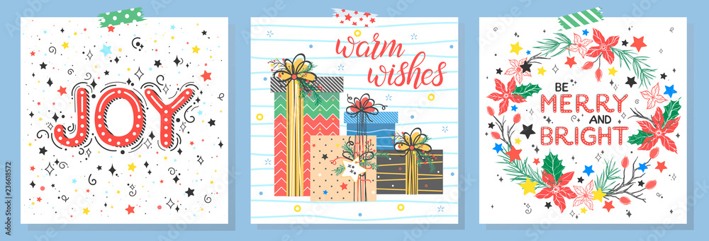 Set of holidays cards with greetings,santa,gift boxes,wreath,snowflakes and stars.Seasons greetings perfect for prints, flyers,cards,invitations and more.Vector holidays illustrations.