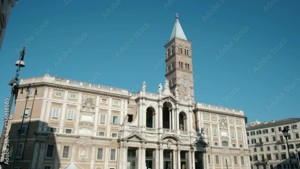 Camera no movement angled front facade of the Basilica Papale di Santa Maria Maggiore church in Rome, Italy. 4K UHD at 29.97fps Camera no movement angled front facade of the Basilica Papale di Santa Maria Maggiore church in Rome, Italy. 4K UHD at 29.97fps