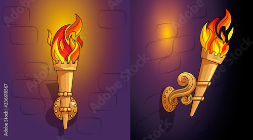 Torches with burning fire, the ornate decor, night