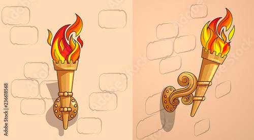 The torch with burning fire, the ornate decor, day