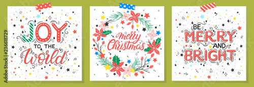 Set of holidays cards with greetings,wreath,snowflakes and stars.Seasons greetings perfect for prints, flyers,cards,invitations and more.Vector holidays illustrations.