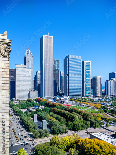 Chicago's downtown public parks and attractions with view of Michigan Avenue and Monroe Street. Urban cityscape. Main streets in Chicago, streets in Illinois. photo