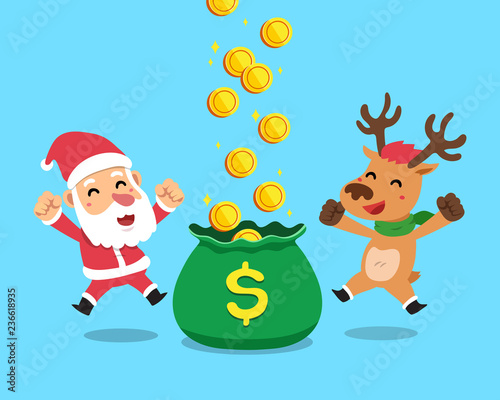 Vector cartoon christmas santa claus and reindeer earning money