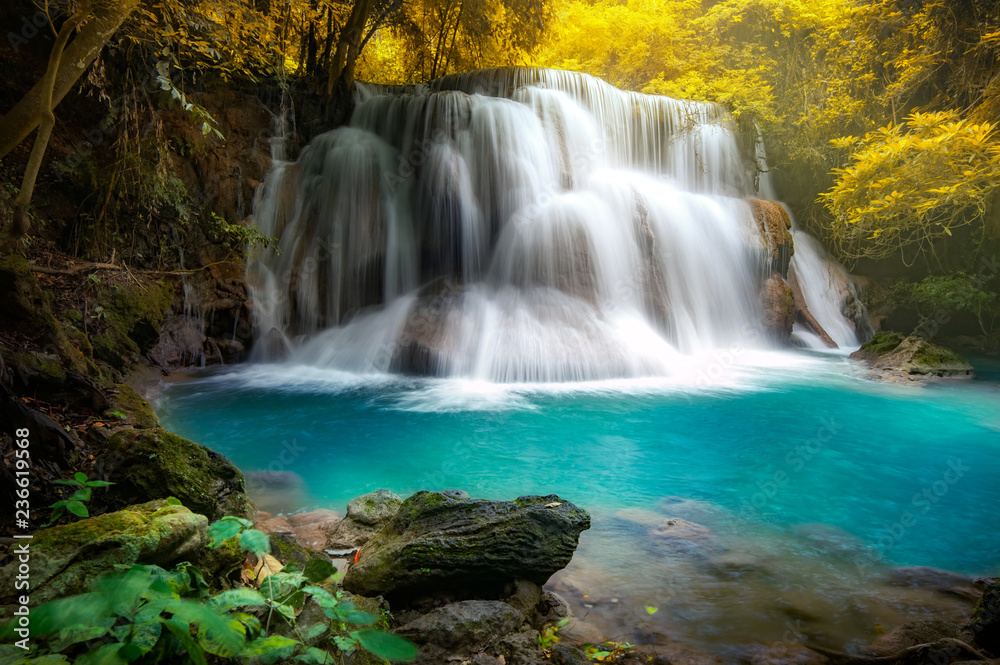 Obraz premium Huay mae khamin waterfall, this cascade is emerald green and popular in Kanchanaburi province, Thailand.