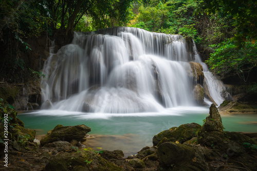 Huay mae khamin waterfall  this cascade is emerald green and popular in Kanchanaburi province  Thailand.