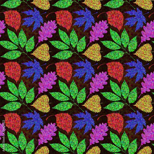Seamless pattern of abstract floral multicolored ornaments. Decorative bright mosaic on a dark background. Vector illustration. Suitable for fabric and wrapping paper