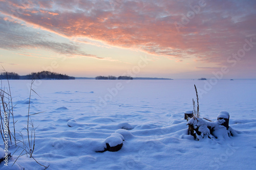 Photography Sunrise over lake Uvildy in winter