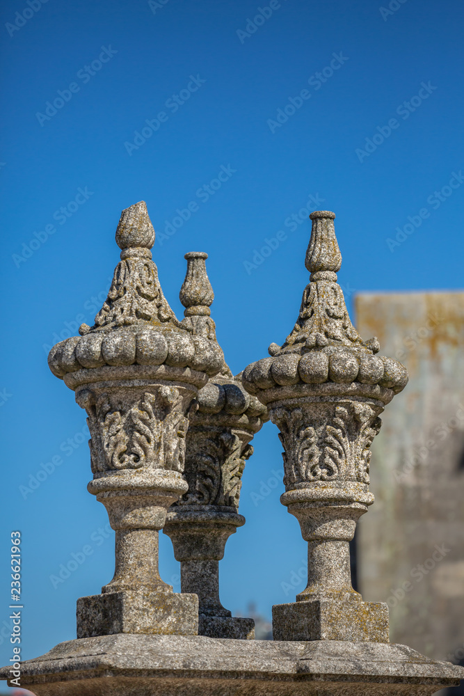 Detail of pinnacles at the Pillory of Porto city, a ornamented sculpture on plaza