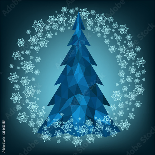 Christmas polygonal Christmas tree in blue with snowflakes