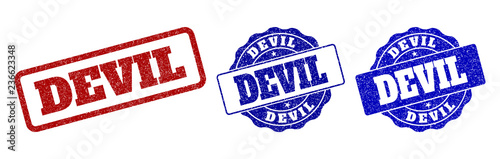 DEVIL grunge stamp seals in red and blue colors. Vector DEVIL signs with grunge style. Graphic elements are rounded rectangles, rosettes, circles and text labels. Designed for rubber stamp imitations.