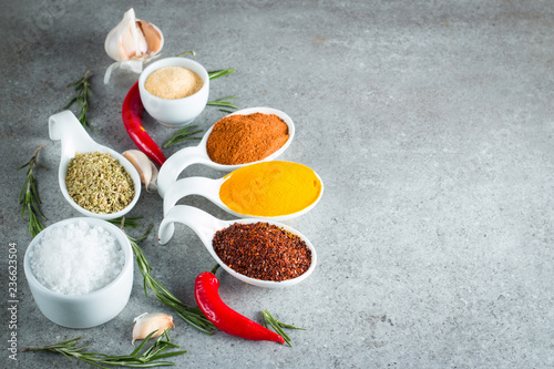 Spices in Wooden spoon. Herbs. Curry  Saffron  turmeric  rosemary  cinnamon  garlic  pepper  anise on wooden rustic background. Collection of spices and herbs. Salt  paprika. 