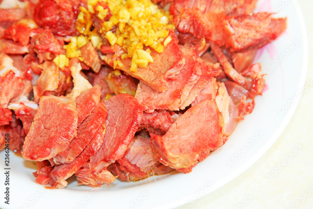 China traditional flavor dishes, garlic donkey meat China traditional flavor dishes, garlic donkey meat