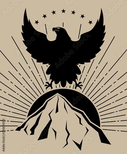 Eagle sun mountains in black on light brown background.
