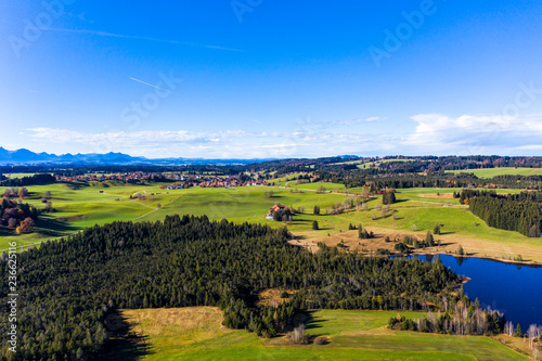 Aerial view Germany, Bavaria, Ostallgäu, region Weilheim-Schongau, Wildsteig, Schwaig lake photo