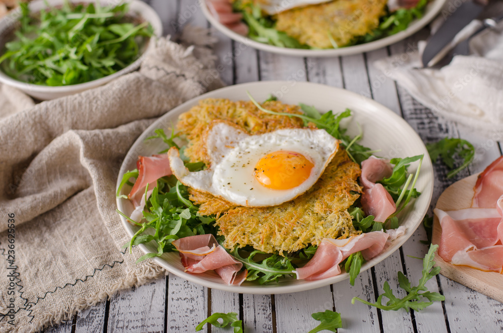 Potato pancakes with eggs and ham Potato pancakes with eggs and ham