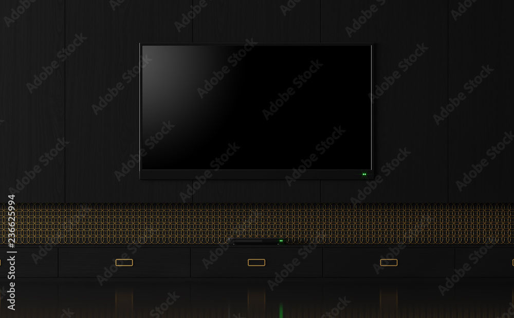 Luxury empty tv screen with black and glod 3d render,There are black wood wall, Decorate wall with golden ring pattern.There have clipping path on television screen. Luxury empty tv screen with black and glod 3d render,There are black wood wall, Decorate wall with golden ring pattern.There have clipping path on television screen.