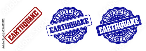 EARTHQUAKE grunge stamp seals in red and blue colors. Vector EARTHQUAKE signs with grunge texture. Graphic elements are rounded rectangles, rosettes, circles and text labels. photo