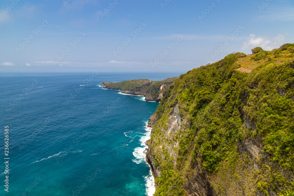 Top view of Karang Dawa bay, Kelingking beach. Nusa Penida Island, Indonesia. - obrazy, fototapety, plakaty 