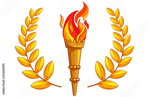 The torch with burning fire, golden laurel branch.