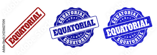 EQUATORIAL scratched stamp seals in red and blue colors. Vector EQUATORIAL imprints with distress texture. Graphic elements are rounded rectangles, rosettes, circles and text captions.