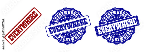 EVERYWHERE grunge stamp seals in red and blue colors. Vector EVERYWHERE labels with grunge texture. Graphic elements are rounded rectangles, rosettes, circles and text labels.