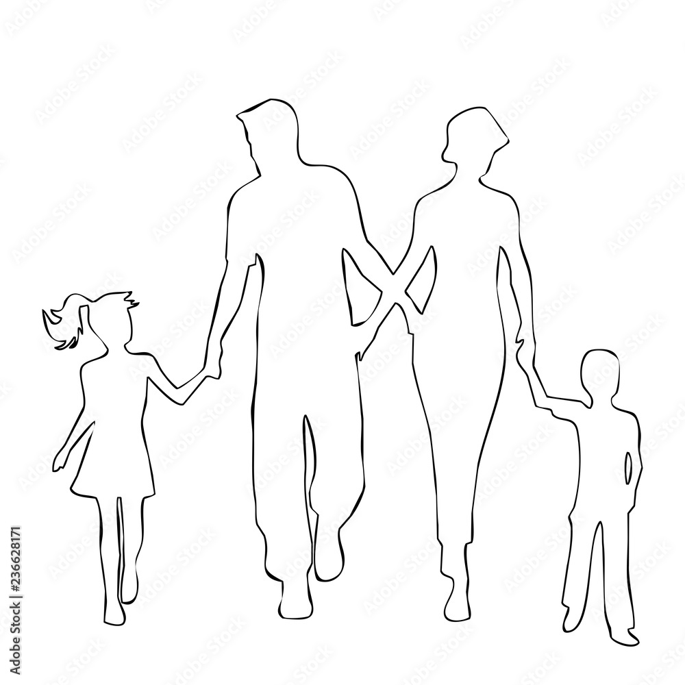 Illustration Of Parents With Children Isolated On White Background In Line Sketch Style Hand Drawn Young Dad Holding And Playing With His Children For A Happy Family Concept Stock Illustration Adobe