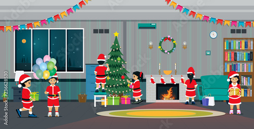 Children are holding a Christmas party in the living room.