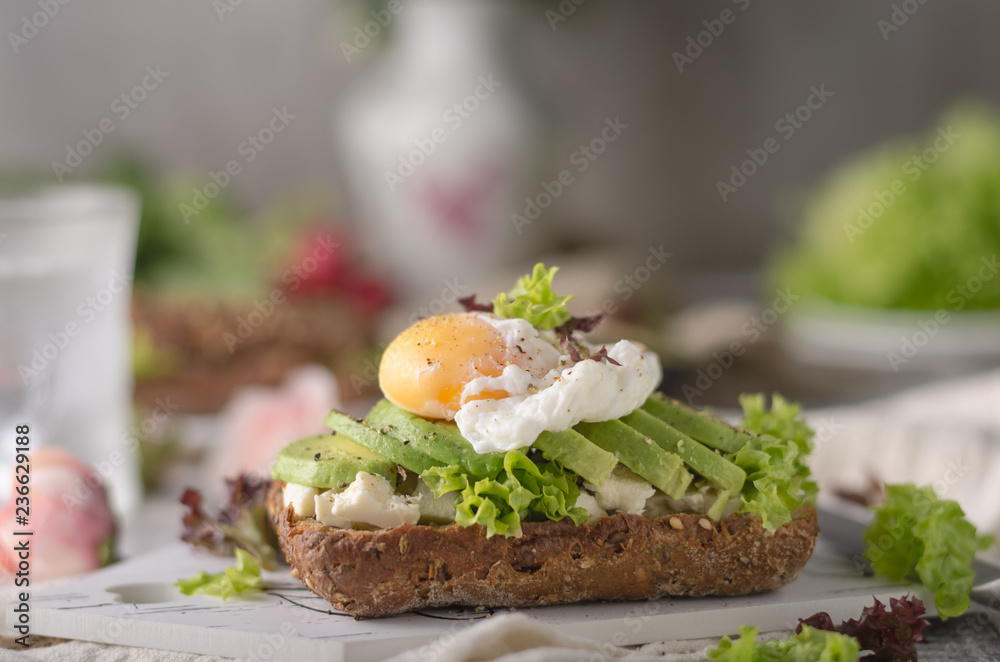 Homemade avocado poached egg sandwich