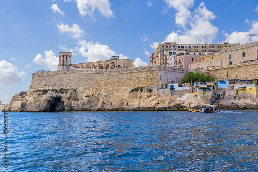 Valletta, Malta. Chapel with the Bell of the Siege on the bastion of sv. Christopher: view from the Great Bay