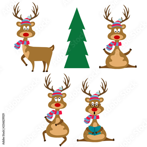 Funny flat design reindeers dressed for Christmas