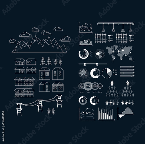 Flat linear city Infographic. Vector town illustration
